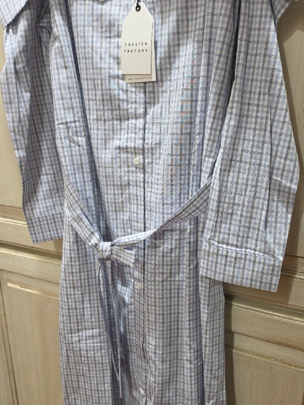 English Factory Blue and White Plaid Off-Shoulder Shirt Dress $140 - Picture 5 of 6